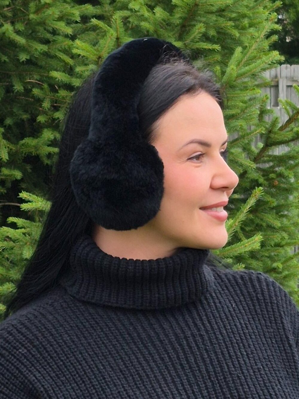 Black Full Fur Winter Earmuffs, Cozy Warm Real Rabbit Fur Headband